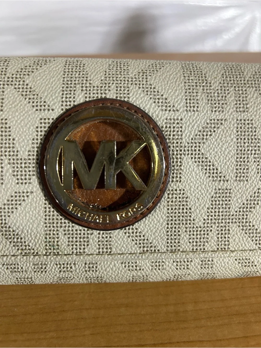 Michael Kors Cream Monogram Continental Wallet with Logo Emblem